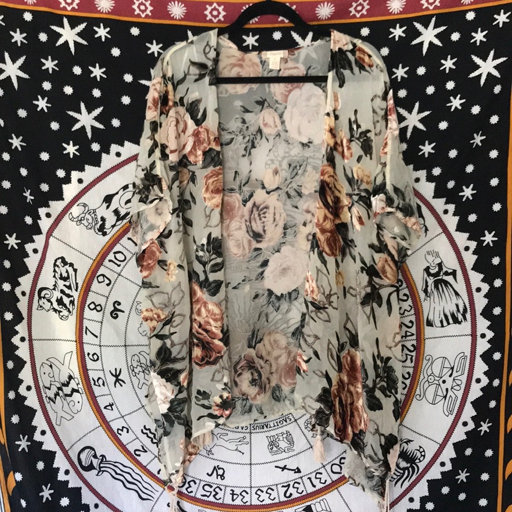 Sheer and Velvet Rose Kimono with Tassles